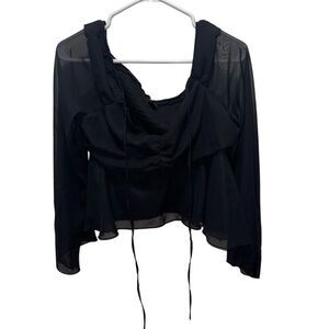 Almost Famous Black Sheer Mesh‎ Smocked Peplum Blouse  L